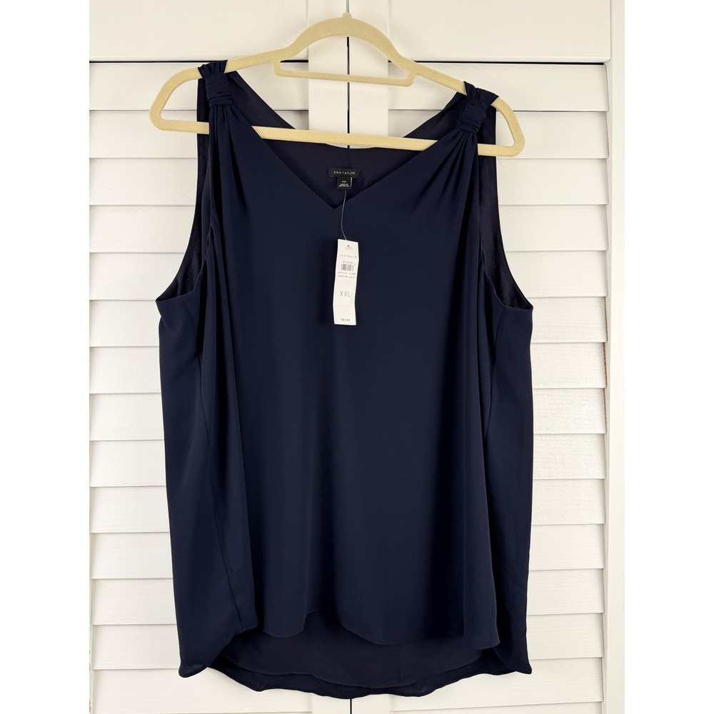Ann Taylor Blouse XXL Navy Blue Knotted Shoulder V-Neck Sleeveless NEW